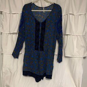 Free People Brown and Blue Romper Size Medium Button Top Tie Waist